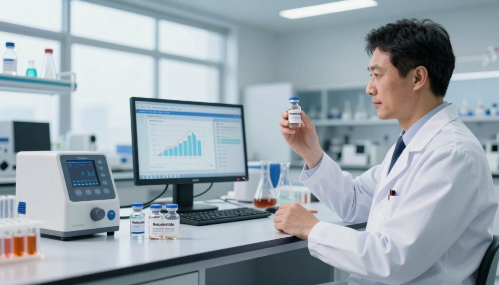 A professionally designed pharmaceutical scene showcasing the Peptimax brand, with a lab setting in the foreground featuring scientists in business attire examining a vial labeled "Retatrutide." The middle ground includes a sleek table with scientific instruments and a digital display showing charts comparing Retatrutide to existing weight management therapies. In the background, a modern laboratory with large windows, allowing natural light to fill the space, creates an atmosphere of innovation and research. The lighting is bright and clear, emphasizing the professionalism of the environment, while soft shadows add depth. The overall mood is optimistic and forward-looking, reflecting advancements in weight management solutions.