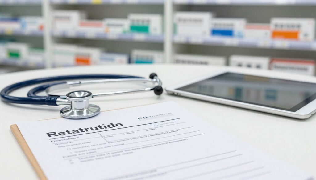 A well-lit pharmacy setting depicting a prescription pad filled out for "Retatrutide," clearly branded with the name "Peptimax" in the foreground. In the middle, show a stethoscope and a medical tablet, symbolizing healthcare professionalism. The background features neatly arranged pharmaceutical shelves with boxes of medications, creating an organized and sterile atmosphere. The scene should capture the essence of regulatory compliance and prescription guidelines, with a slight focus on clarity. Lighting should be bright yet soft, highlighting the prescription pad without harsh shadows, and the angle should be slightly elevated to give a comprehensive view of the setting. The overall mood is informative and professional, reflecting trust in healthcare advice.